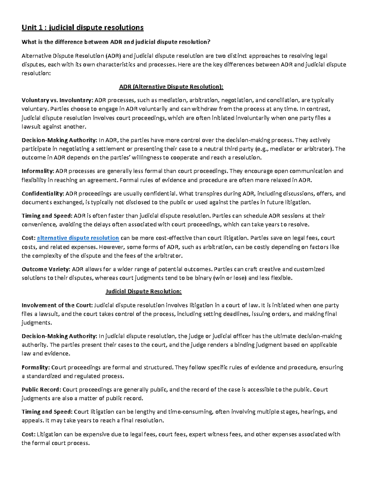 Unit 1 & 2: Key Differences Between ADR & Judicial Dispute Resolution ...