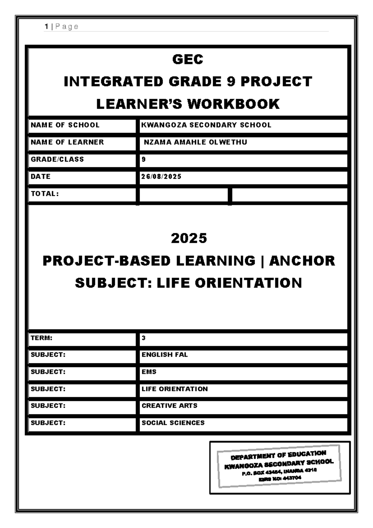 GEC INTEGRATED GRADE 9 PROJECT WORKBOOK: LIFE ORIENTATION & CAREER ...