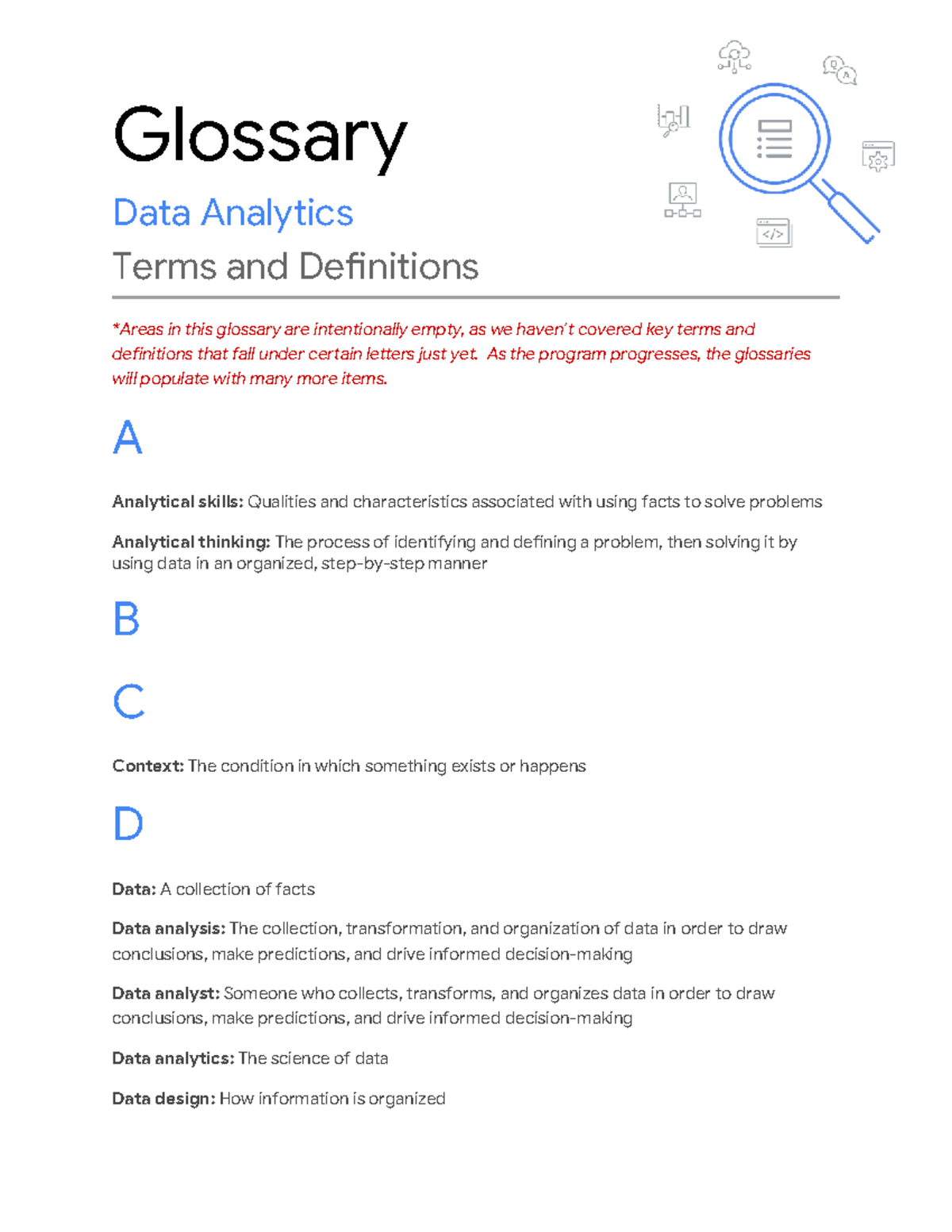 Course 1 Week 3 Glossary of Data Analytics Terms and Definitions - Studocu