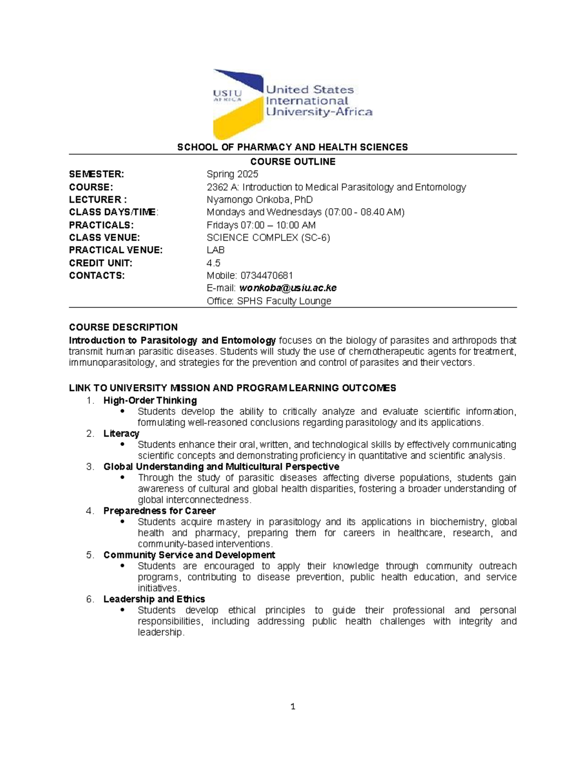 MIC2362 Medical Parasitology Course Outline - Spring 2025 - Studocu