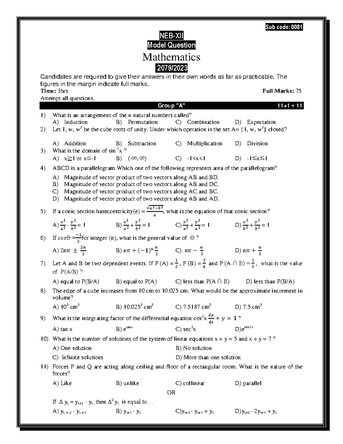 0081. Com. Mathematics - Sub code: 0081 NEB-XII Model Question ...