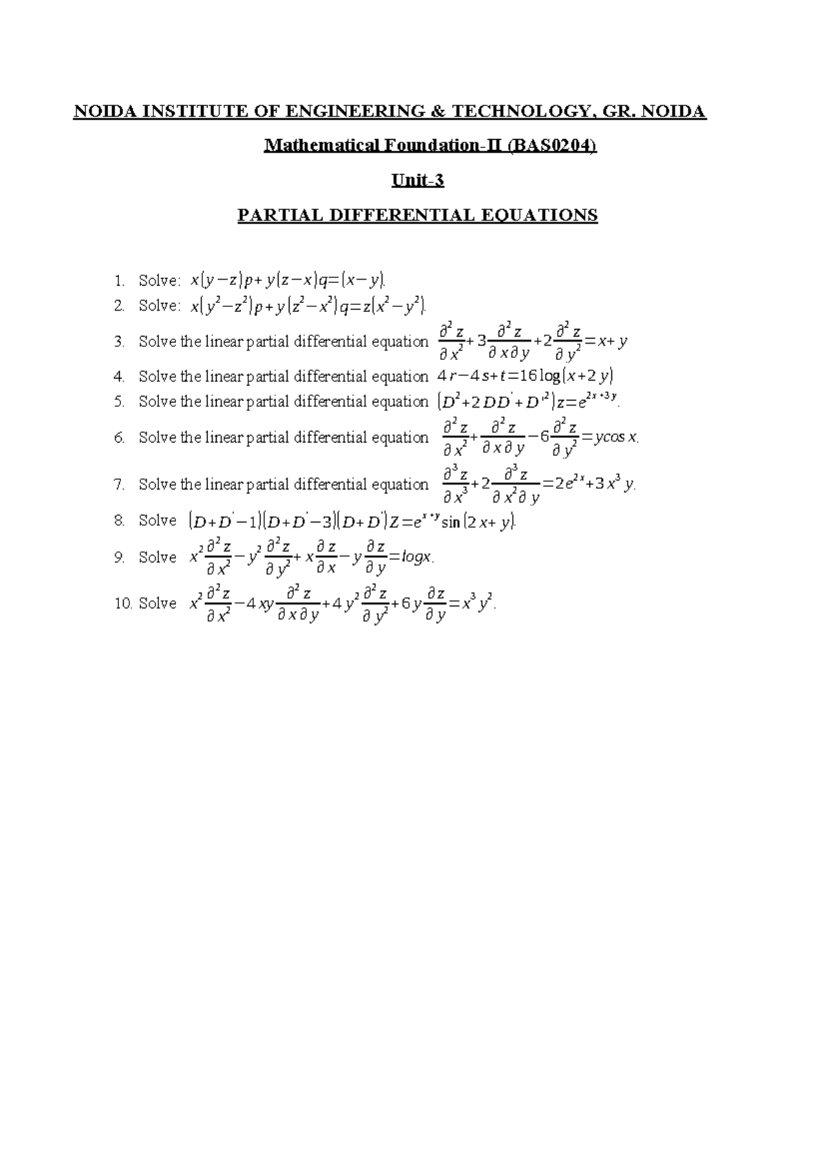 Partial Differential Equations Practice Questions - BAS0204 - Studocu