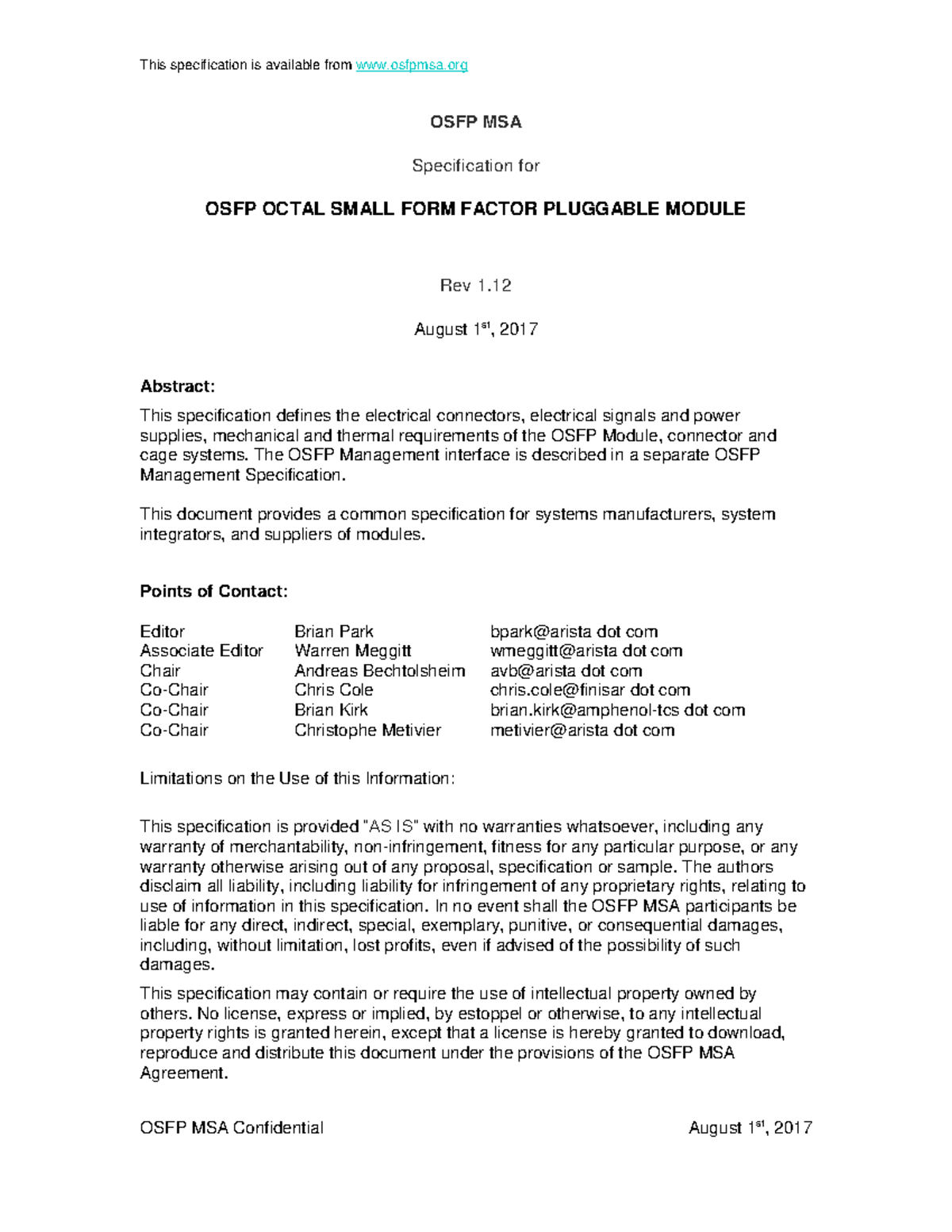 OSFP MSA Module Specification Rev 1.12 - August 2017 - Studocu