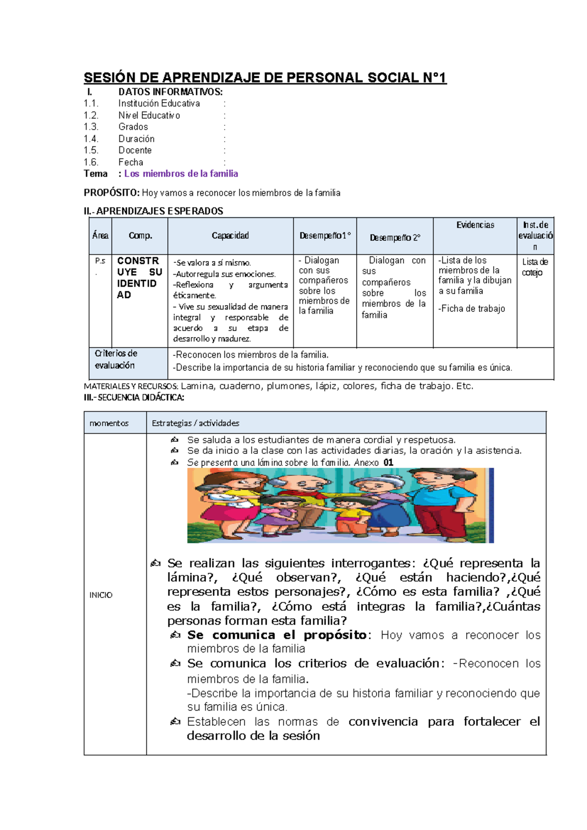 SESION DE APRENDIZAJE DE PERSONAL SOCIAL I: MIEMBROS DE LA FAMILIA ...