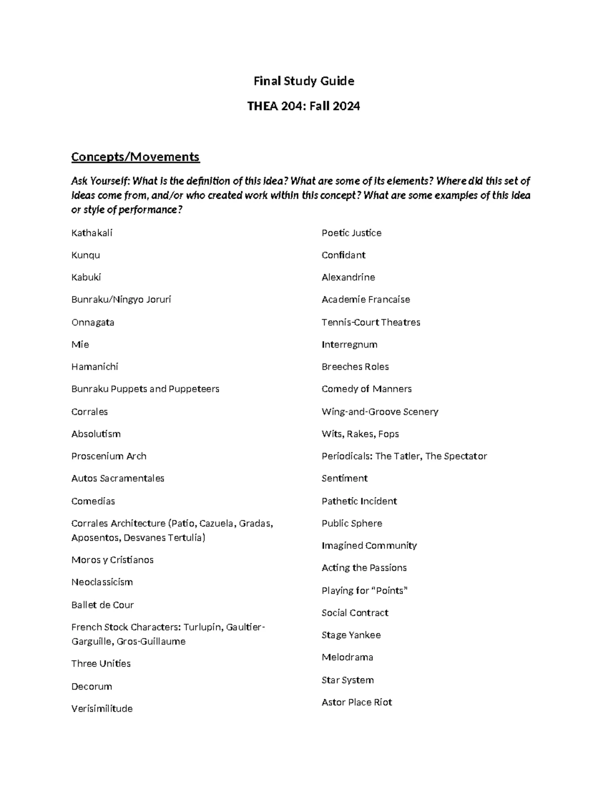 THEA 204: Fall 2024 Final Study Guide on Performance Concepts and ...