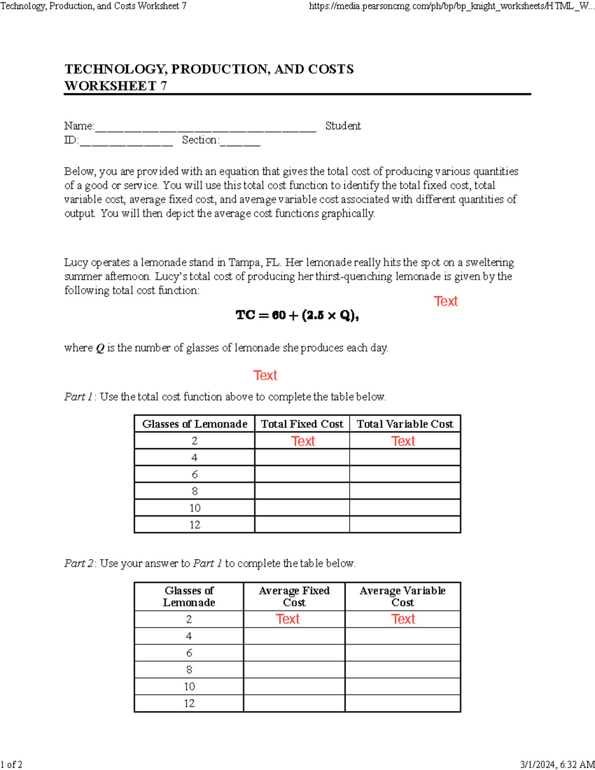 Economics 101: Technology, Production, and Costs Worksheet 7 - Studocu