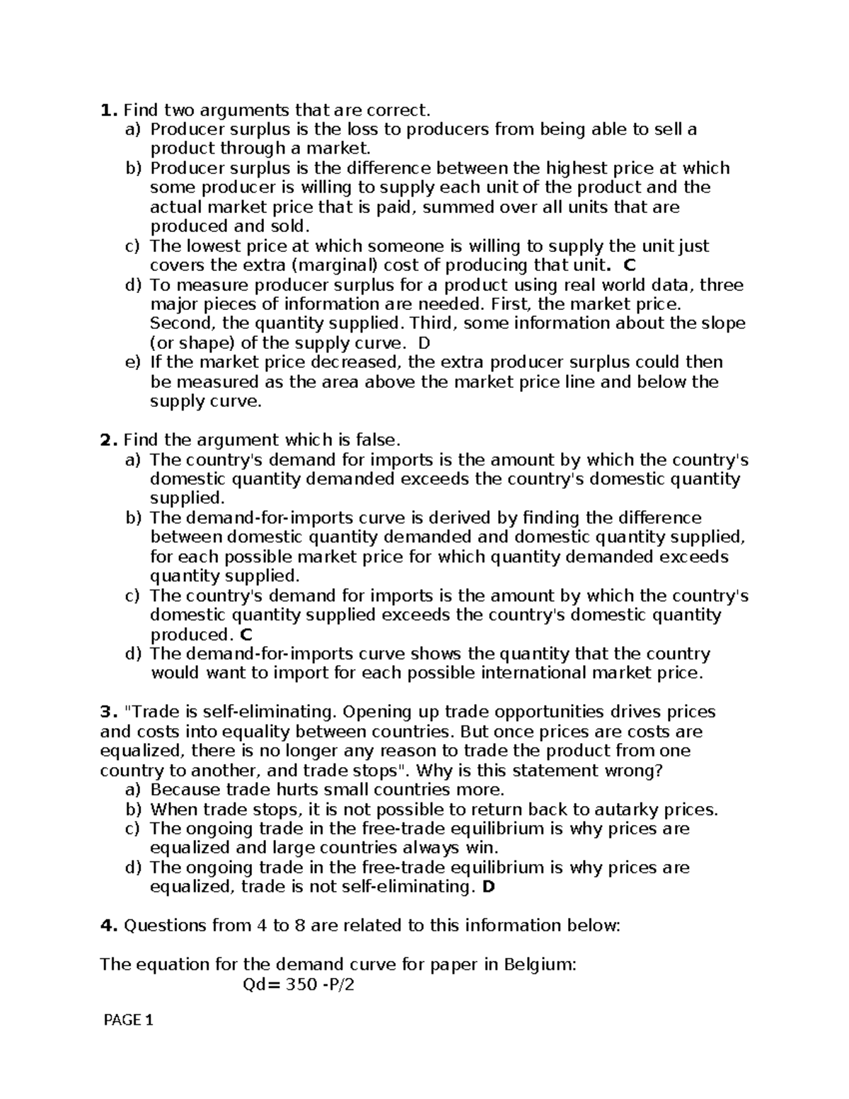 Review Questions for Midterm 1: Economics Concepts and Trade Analysis ...