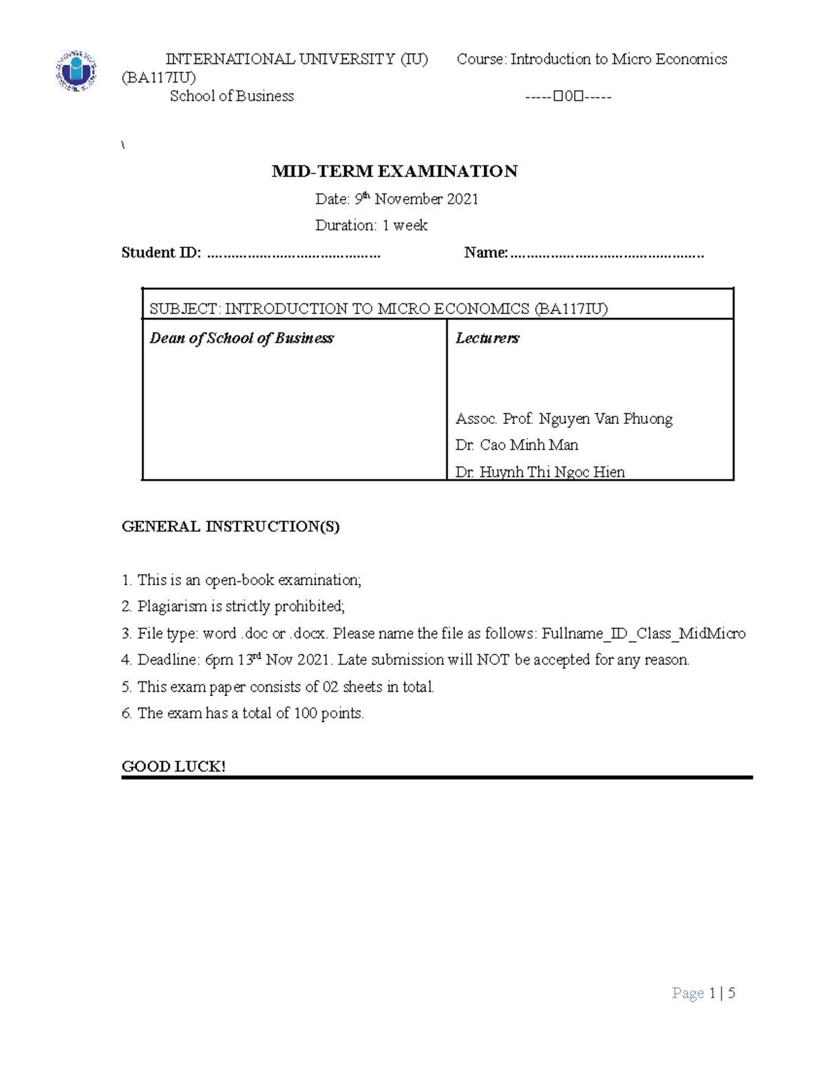 Midterm Exam Revision: Introduction to Micro Economics (BA117IU) - Studocu