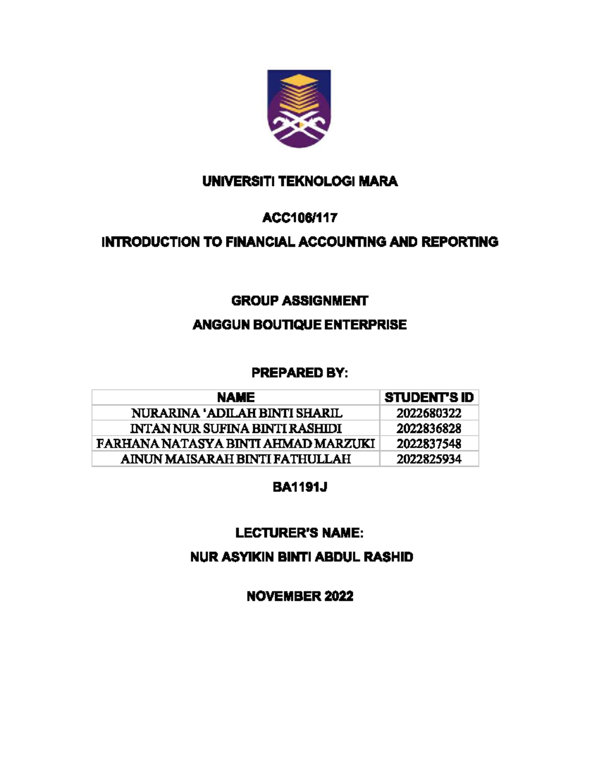 ACC 117 - Group Assignment: Financial Accounting for Anggun Boutique ...