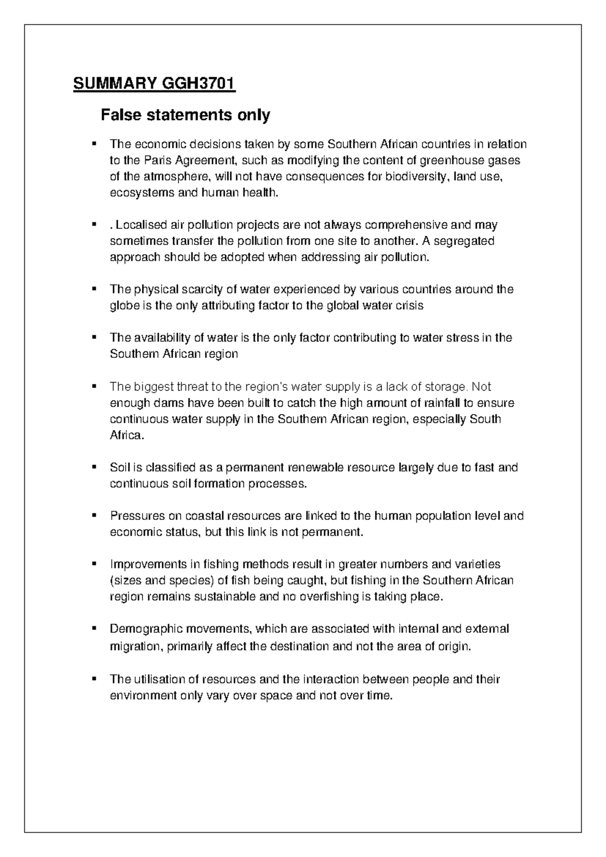 GGH3701 Summary of False Statements on Southern African Environment ...
