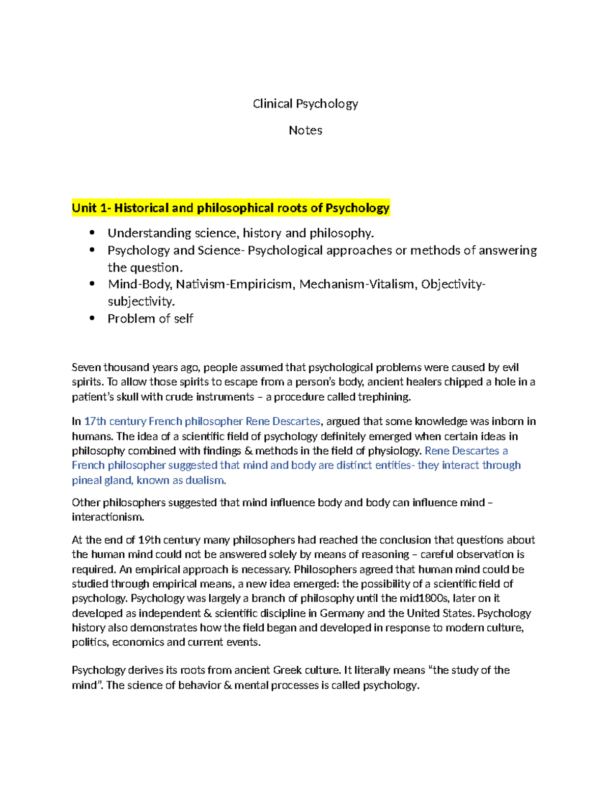 Psychology 101: Unit 1 - Historical Roots and Philosophical Foundations ...