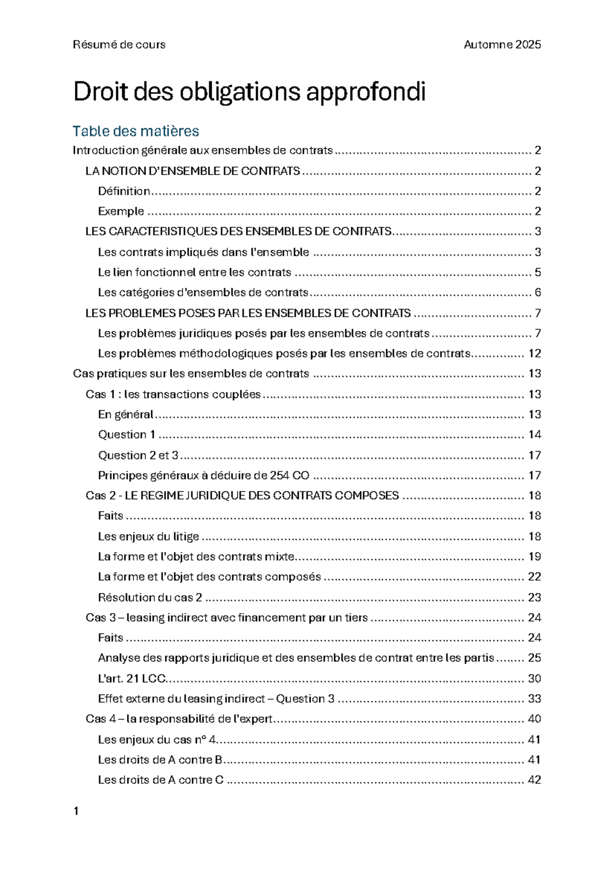 Résumé de cours Automne 2025 - Droit des Obligations Approfondi - Studocu