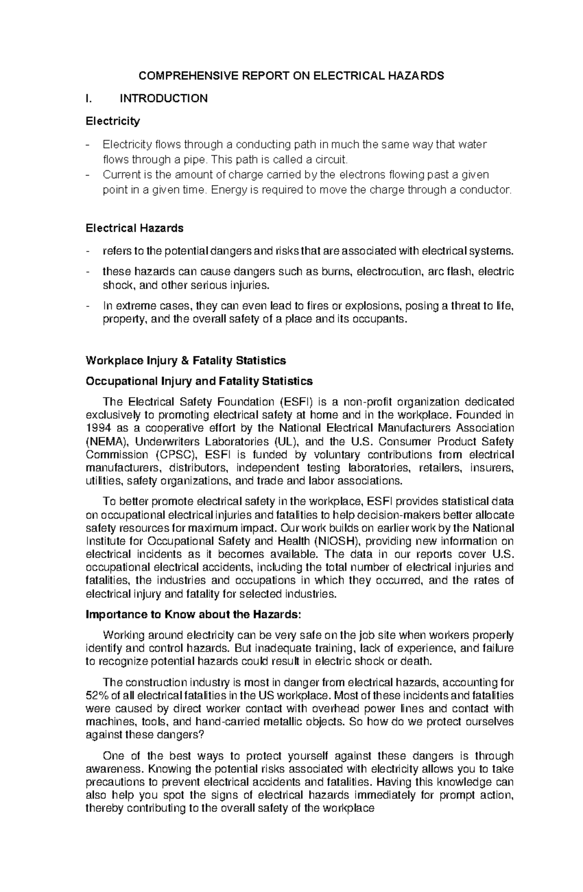 Comprehensive Study on Electrical Hazards and Safety Measures - Studocu