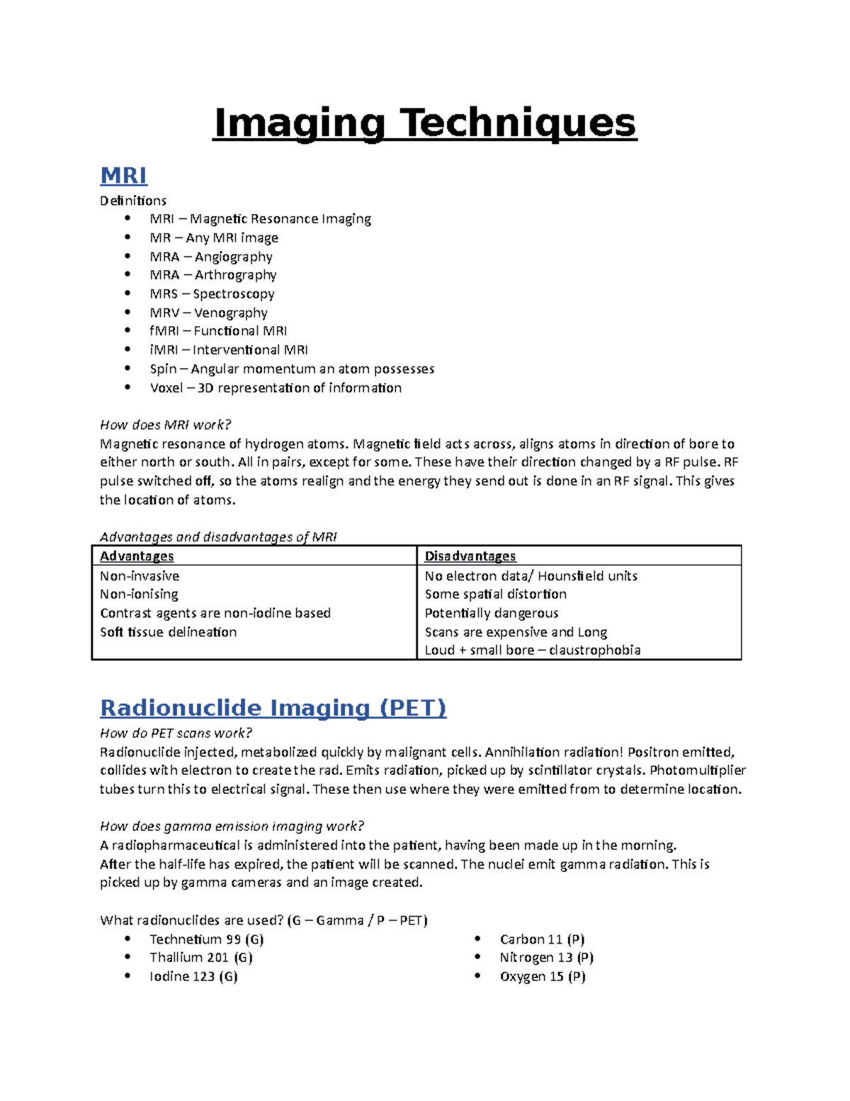 CT & MRI Imaging Techniques Worksheet: Key Concepts & Comparisons - Studocu