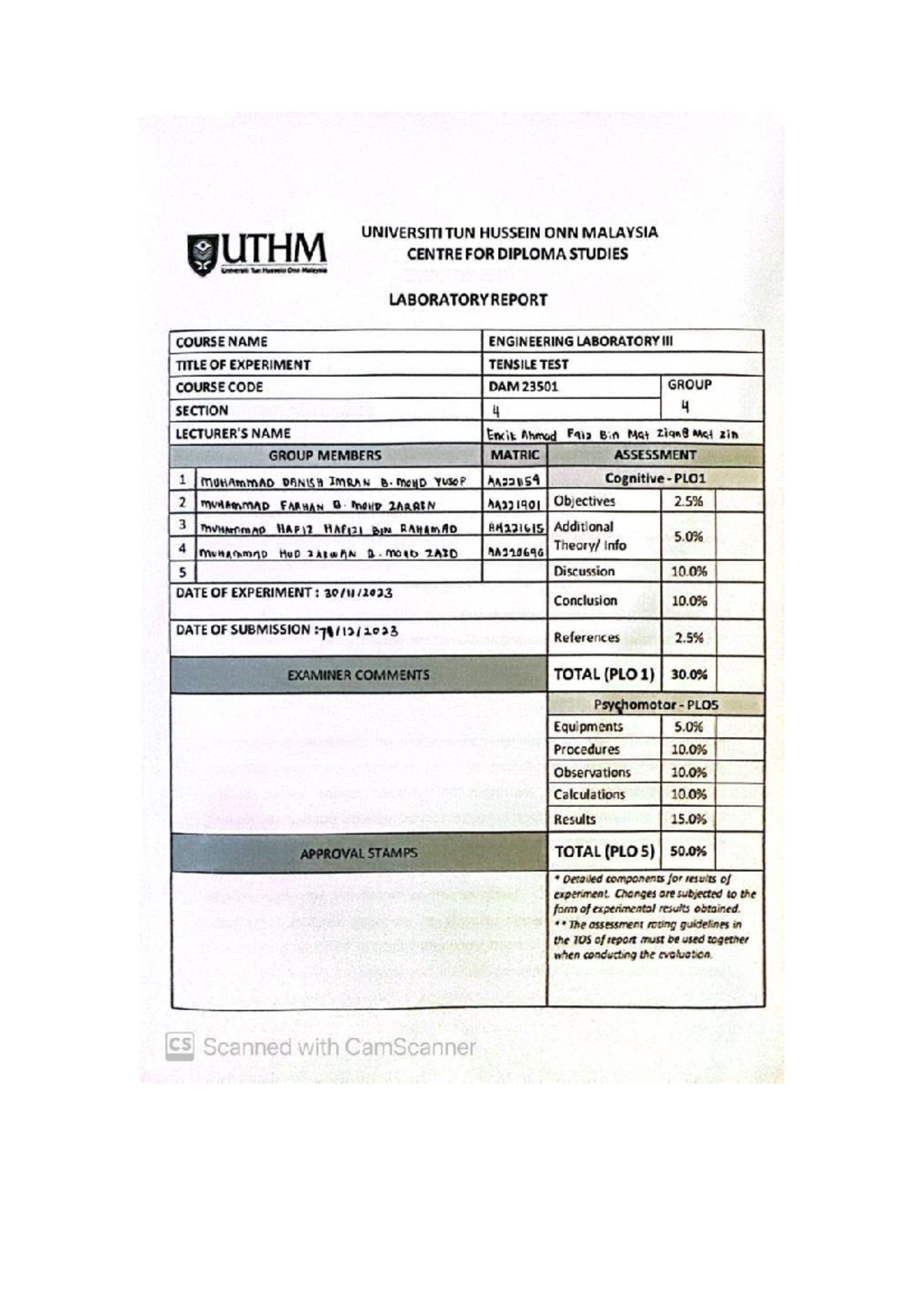 Experimental Tensile Test Lab Report - Course Code Exp1 - Studocu