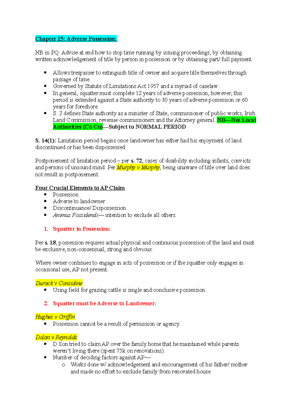 Chapter 15: Adverse Possession - Key Concepts and Case Analysis - Studocu