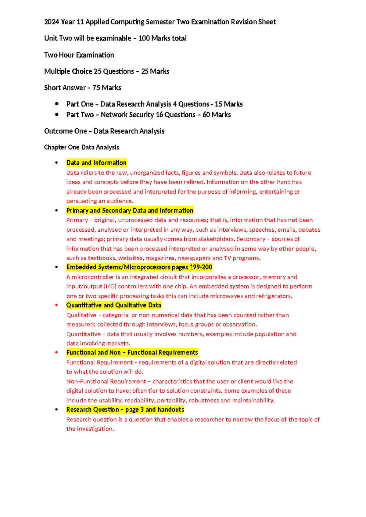 2024 Year 11 Applied Computing Unit 2 Exam Revision Guide - Studocu