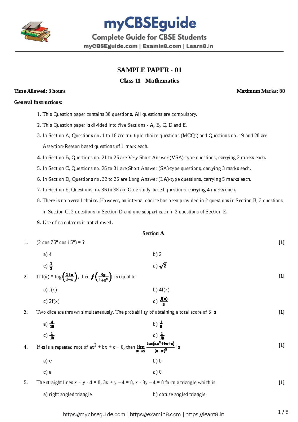 Class 11 Mathematics Sample Paper 01 - Comprehensive Exam Guide - Studocu