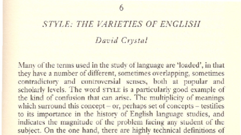 ENGL 101: The Varieties of English - A Study by David Crystal - Studocu
