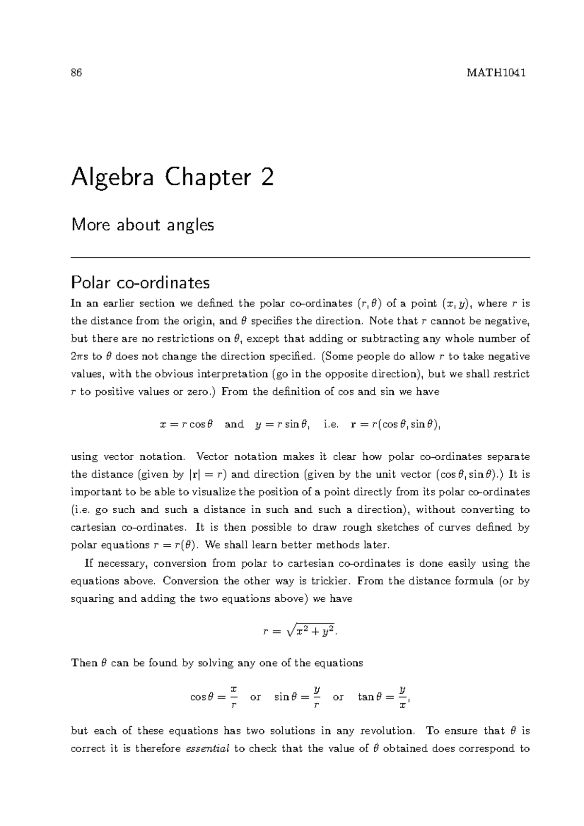 MATH1041 Algebra Chapter 2: Exploring Polar Coordinates and Angles ...