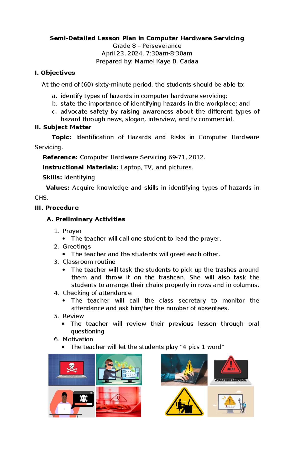 lesson plan in computer hardware servicing - Semi-Detailed Lesson Plan ...