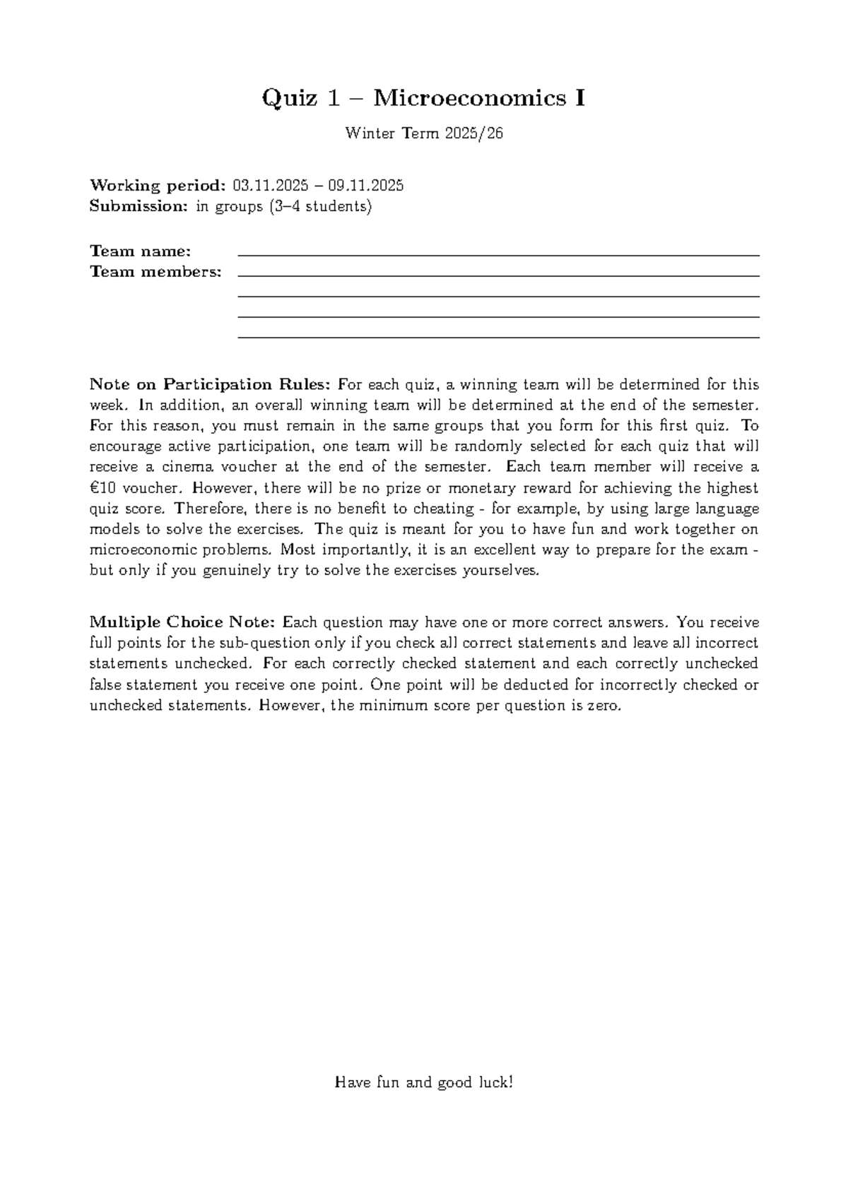 Quiz 1 Microeconomics I (WS25) - Winter Term 2025-2026 - Studocu