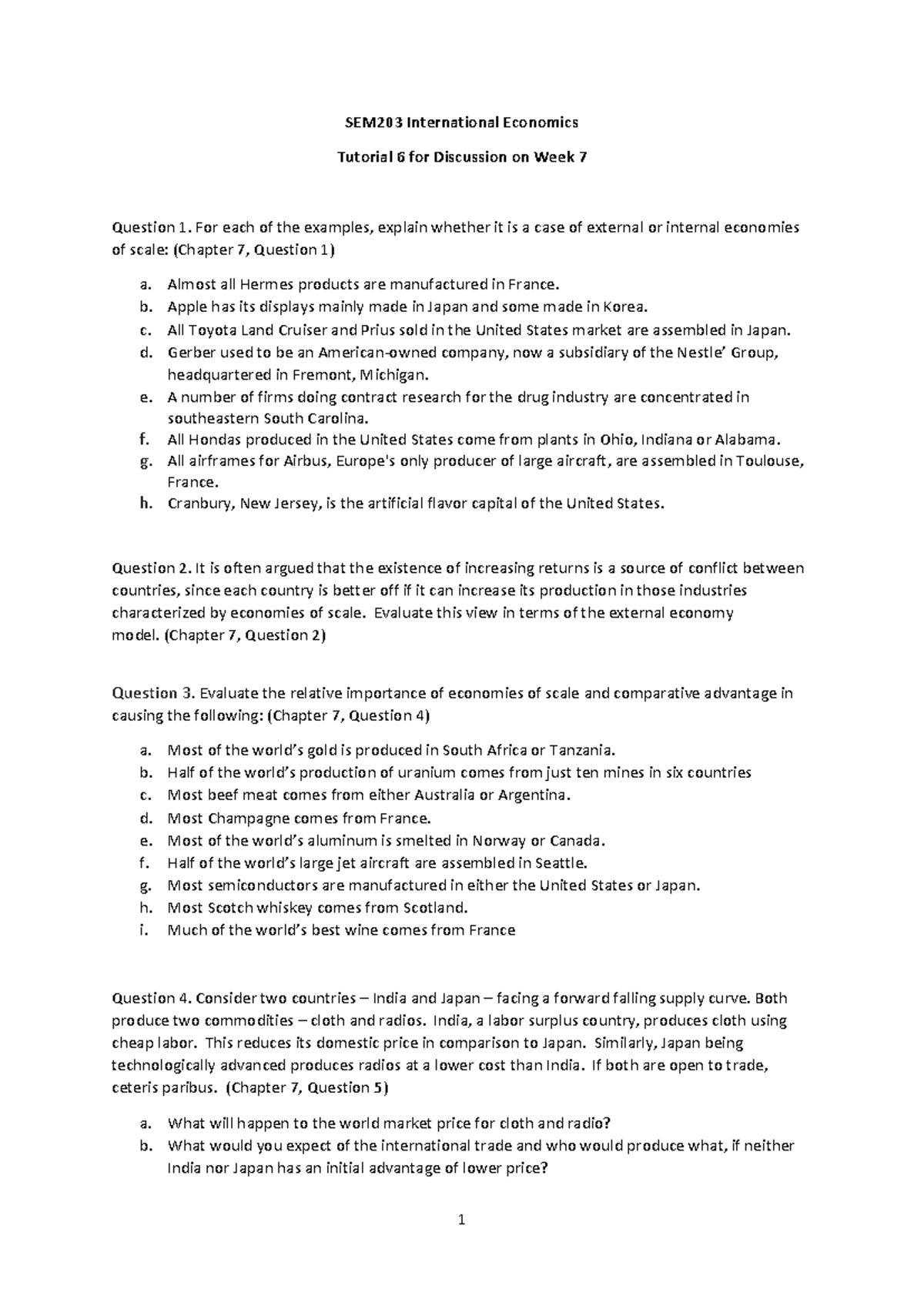 SEM203 International Economics Tutorial 6: Week 7 Discussion Questions ...