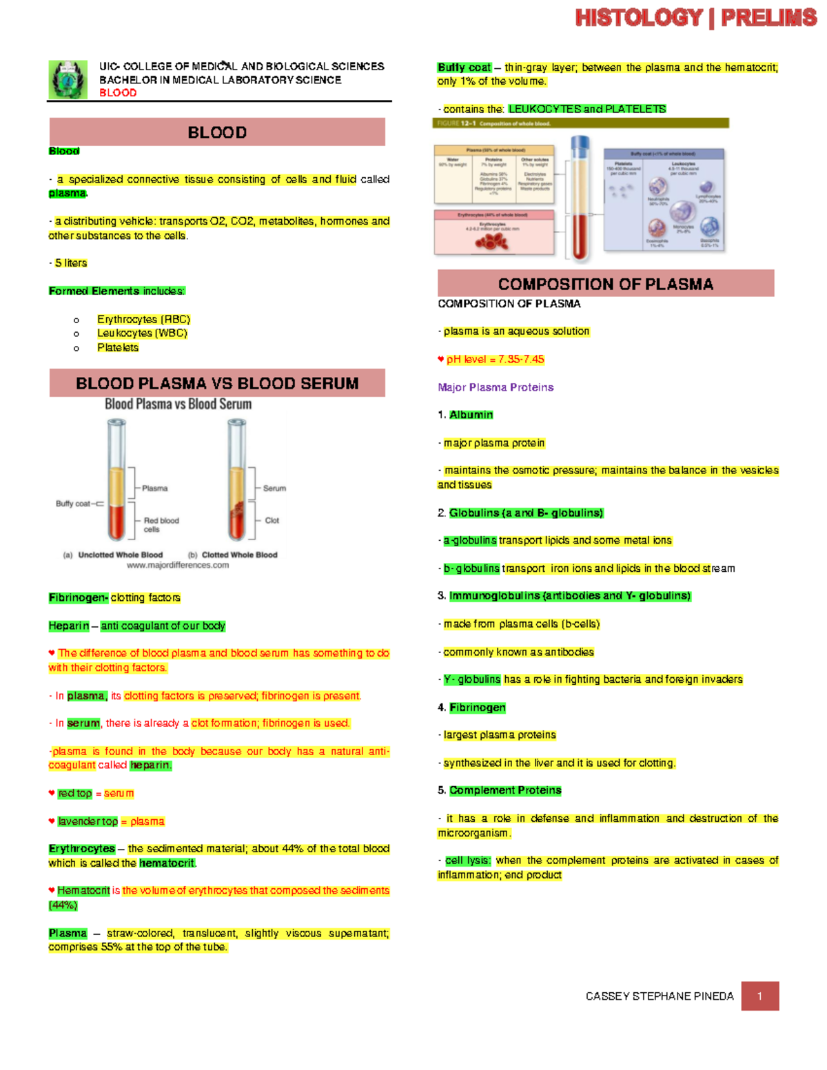 Histo Blood: Composition and Functions of Blood Components - Studocu