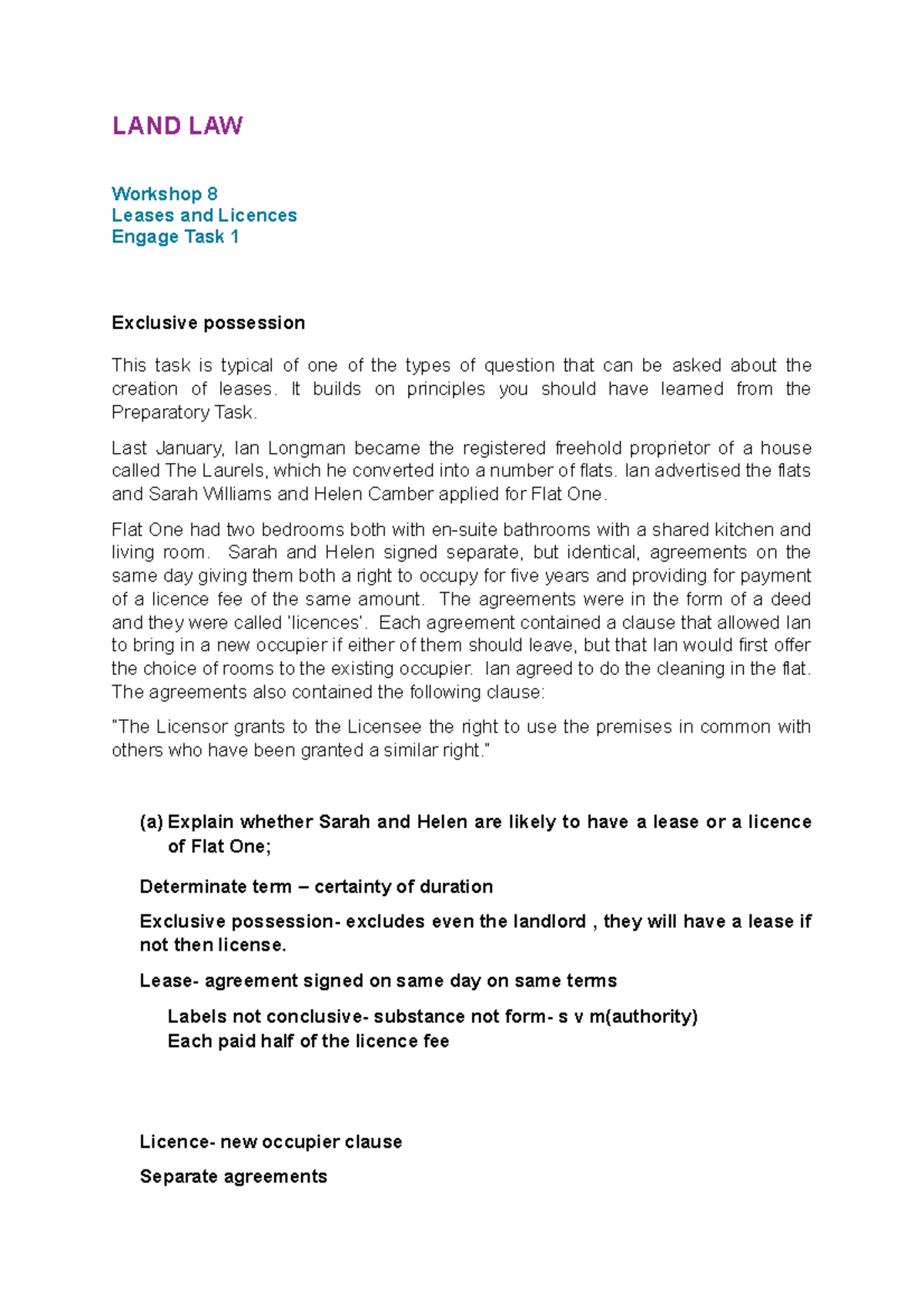 Land WS 8: Leases vs Licences in Flat One - Land Law Analysis - Studocu