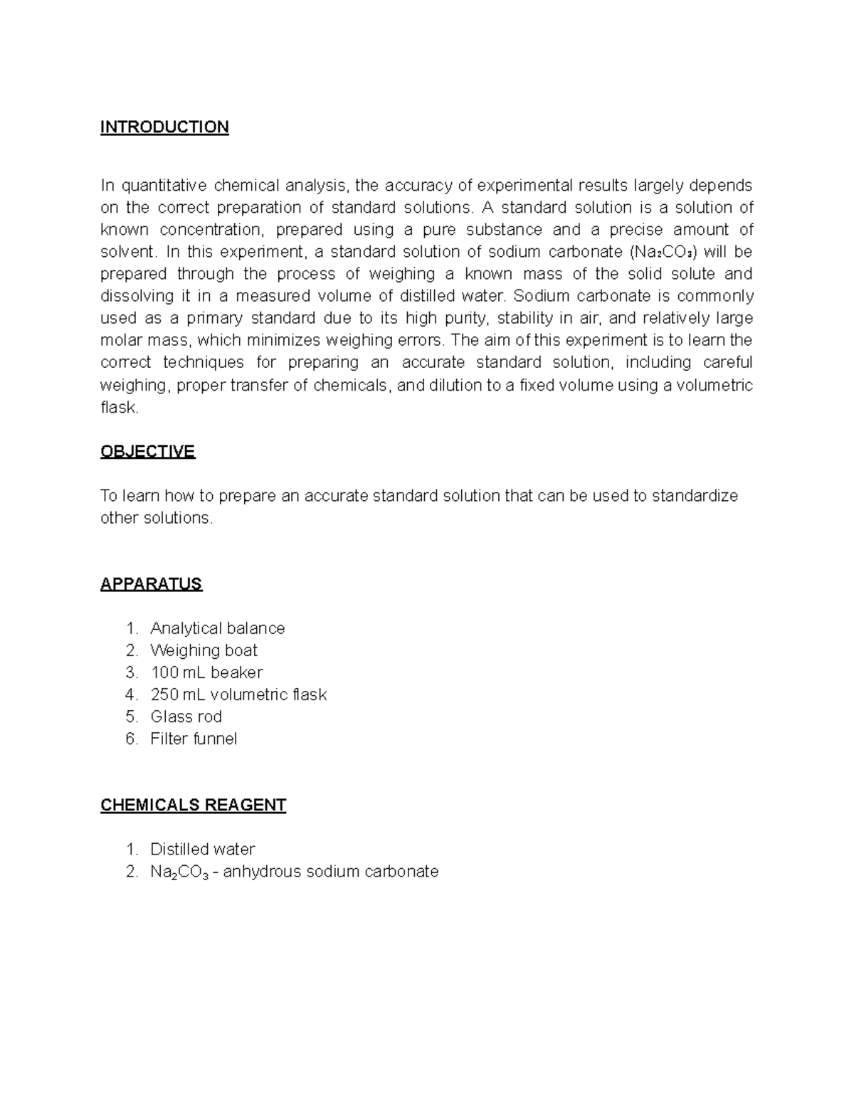 CHM256 Lab Report 2: Preparing a Standard Solution of Na₂CO₃ - Studocu