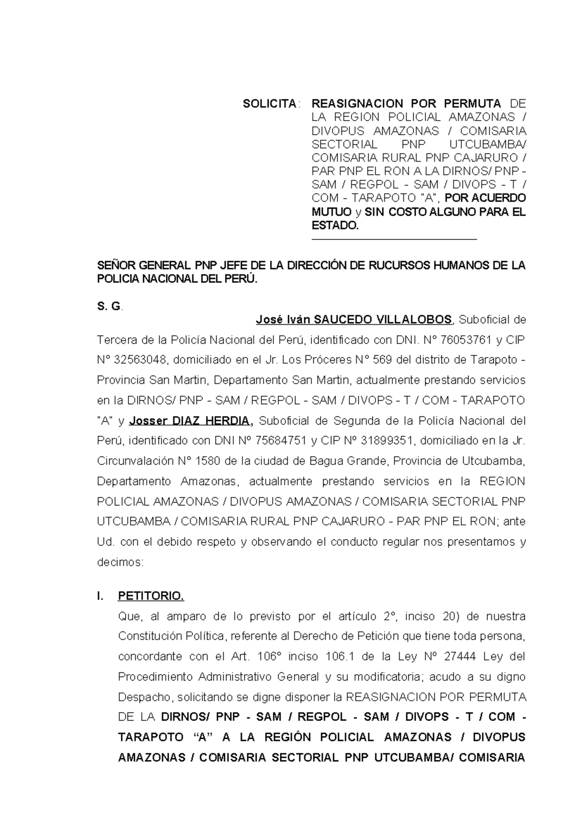 Solicitud de Reasignación por Permuta PNP 2025: Amazonas a Tarapoto - Document Preview