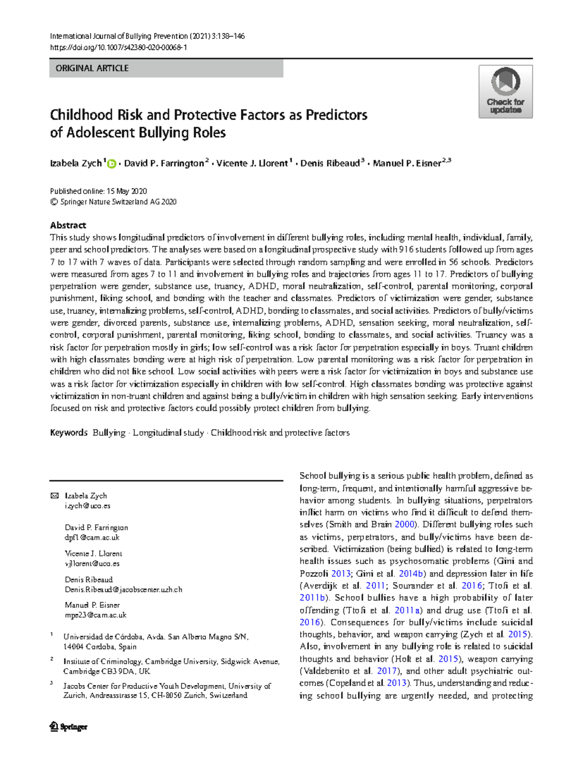 Childhood Risk & Protective Factors in Adolescent Bullying Roles - Studocu