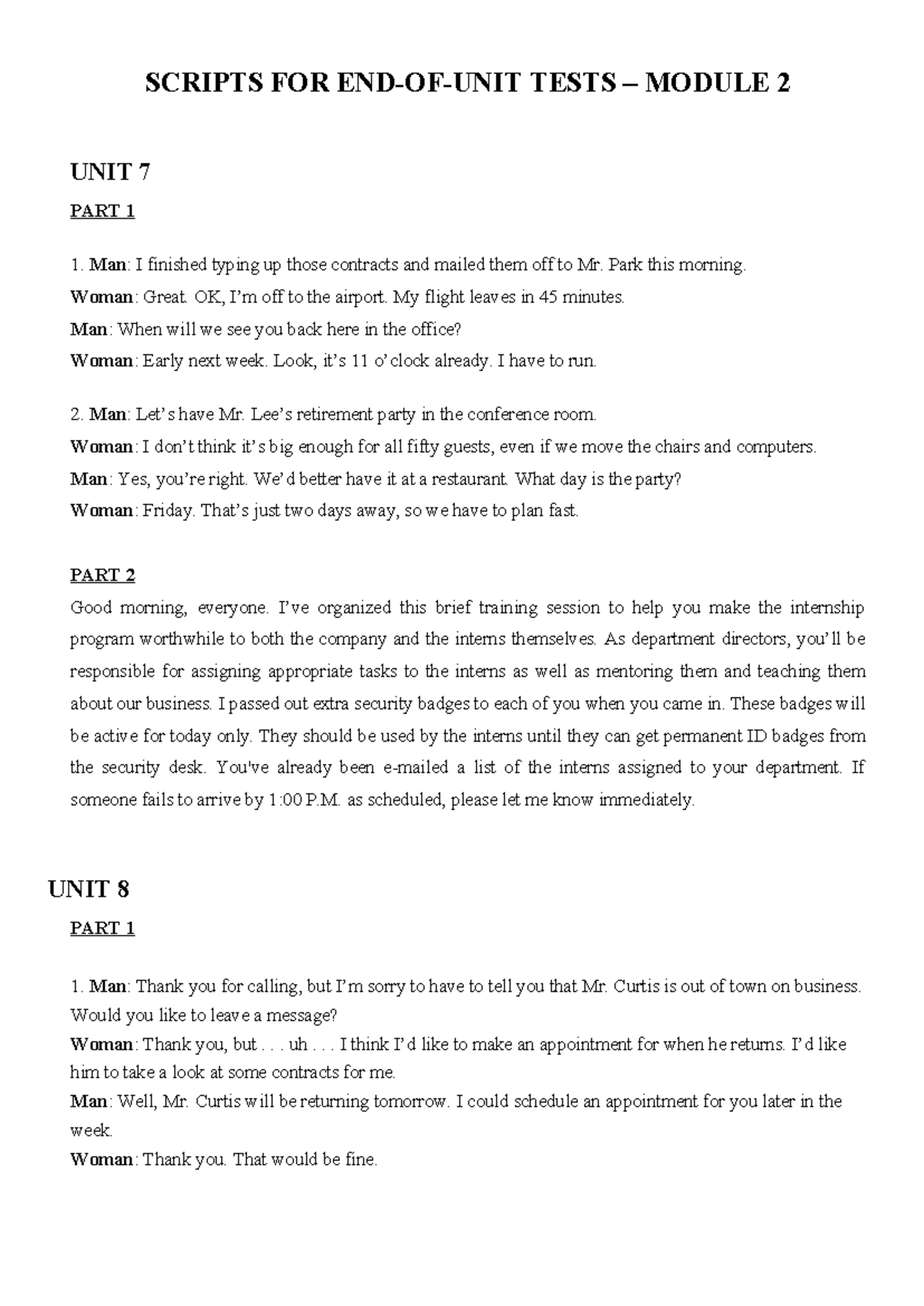 Scripts for End-of-Unit Tests - Module 2 - Tiếng Anh Chuyên Ngành - Studocu