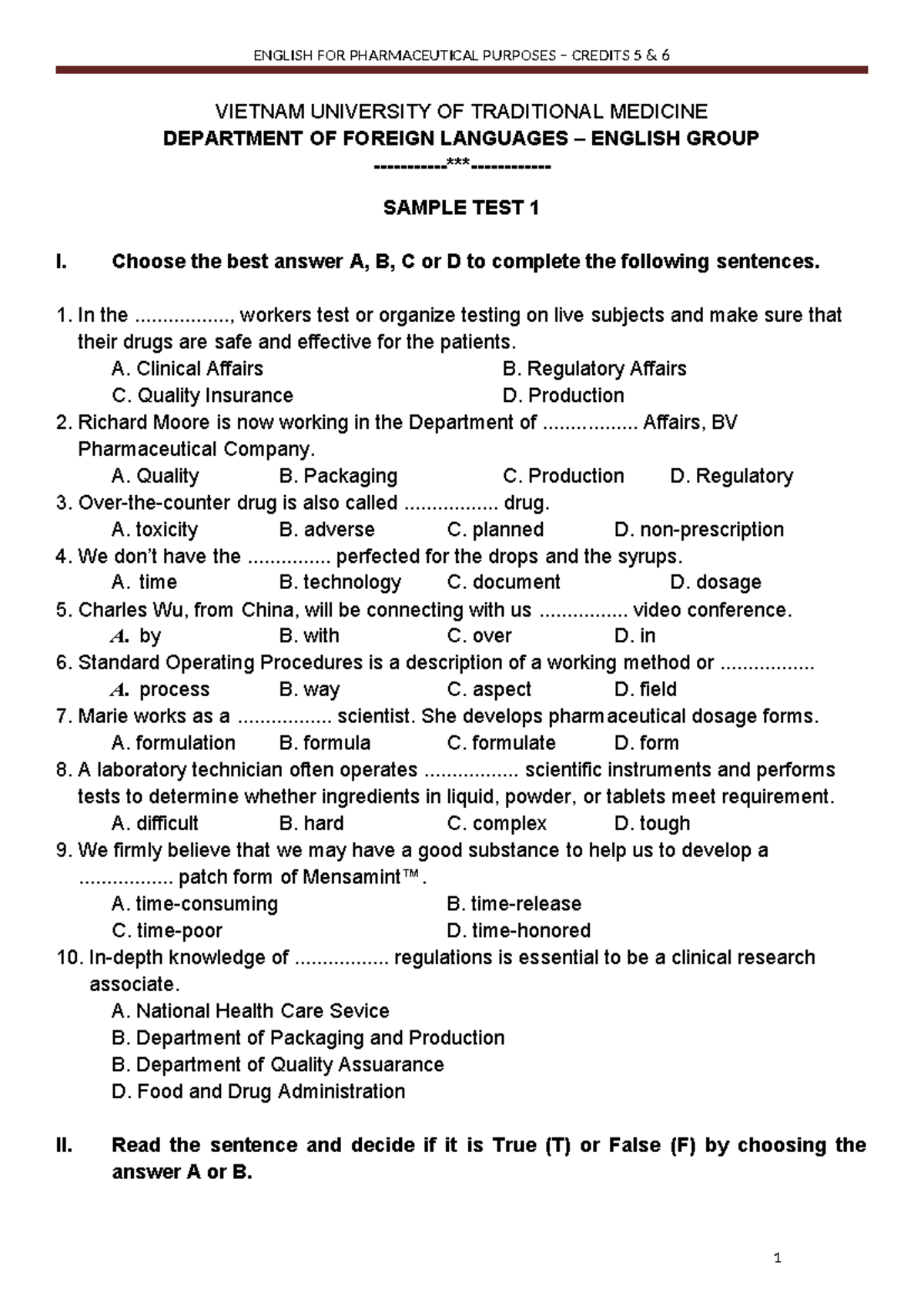 Sample Test 1 & 2 for ENGLISH FOR PHARMACEUTICAL PURPOSES CREDITS 5 6 ...