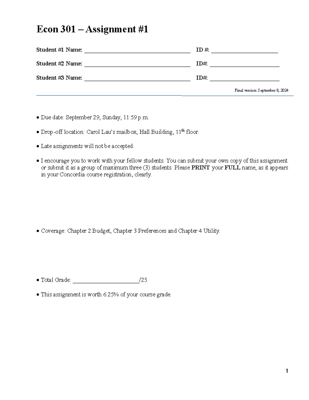 Econ 301 - F2024 Assignment #1: Utility Functions & Budget Constraints ...