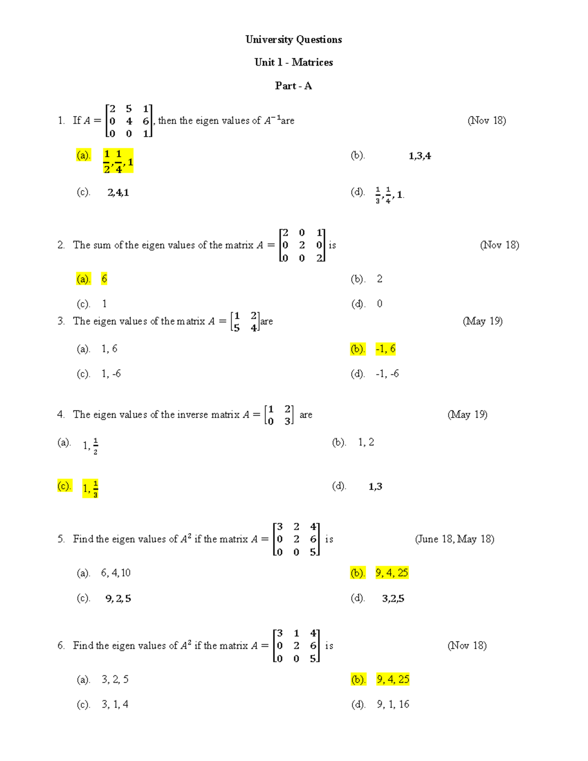 Unit 1 - University Questions on Matrices and Eigenvalues - Studocu
