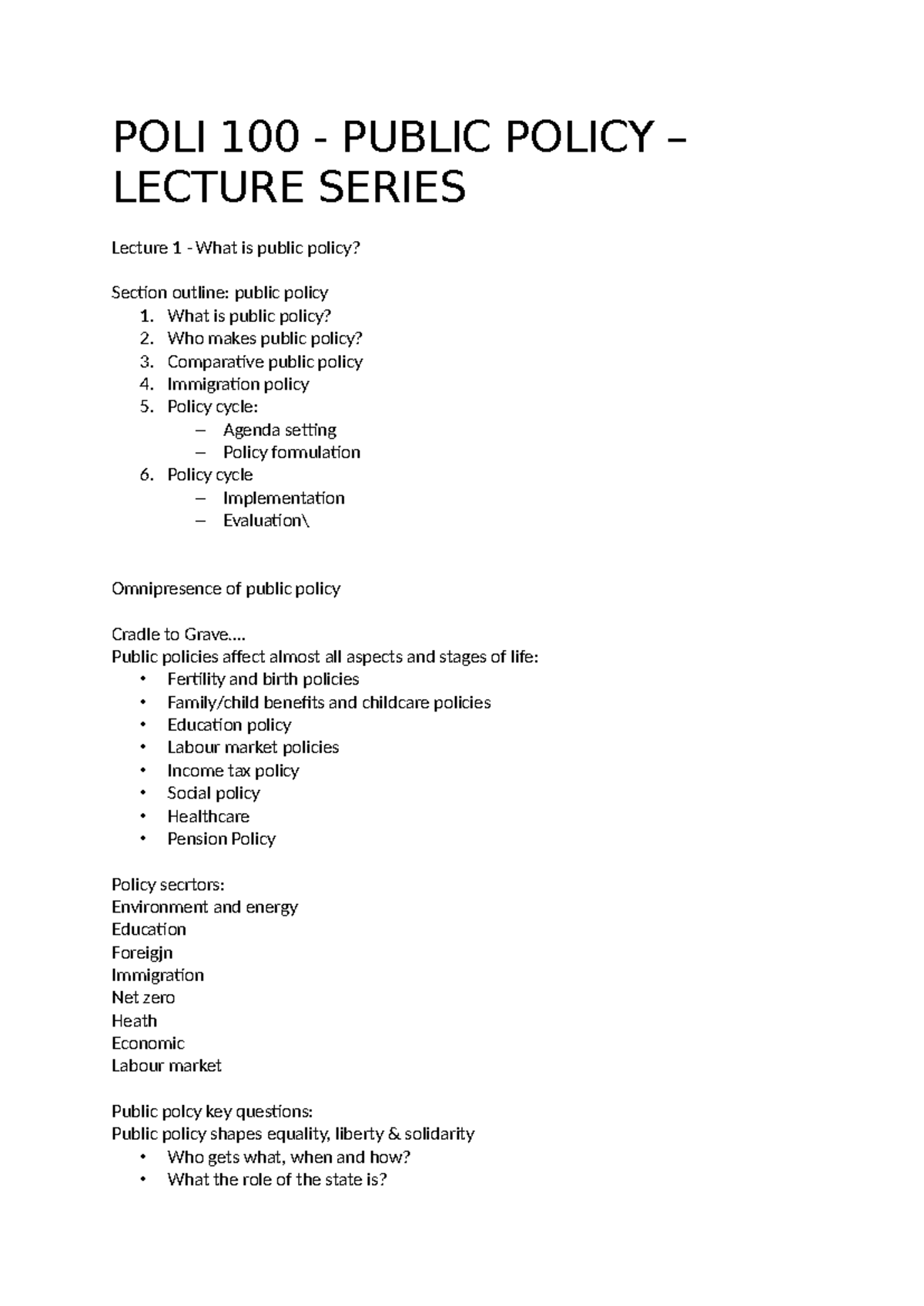 **POLI 100 - Public Policy Lecture Series Summary and Key Concepts ...