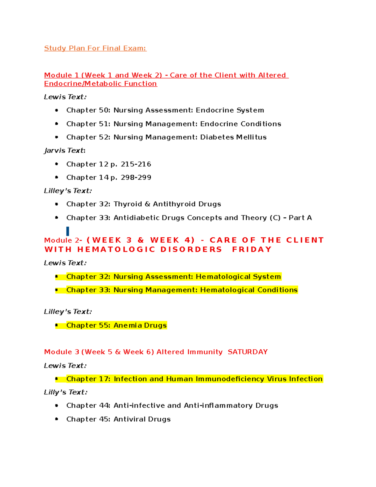 Final Exam Study Plan - Nursing Care across All Modules - Studocu