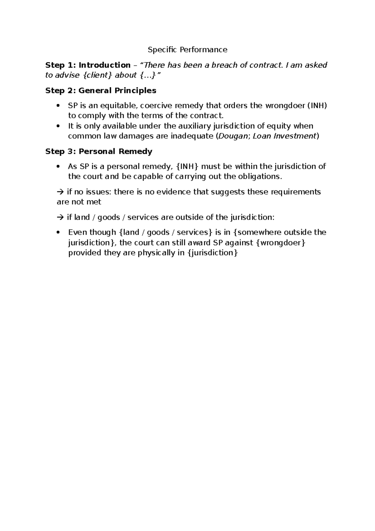 Specific Performance: General Principles and Personal Remedy Analysis ...