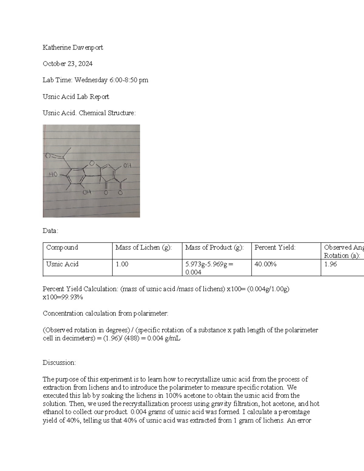 OCHM 101 Usnic Acid Lab Report: Recrystallization & Polarimetry - Studocu