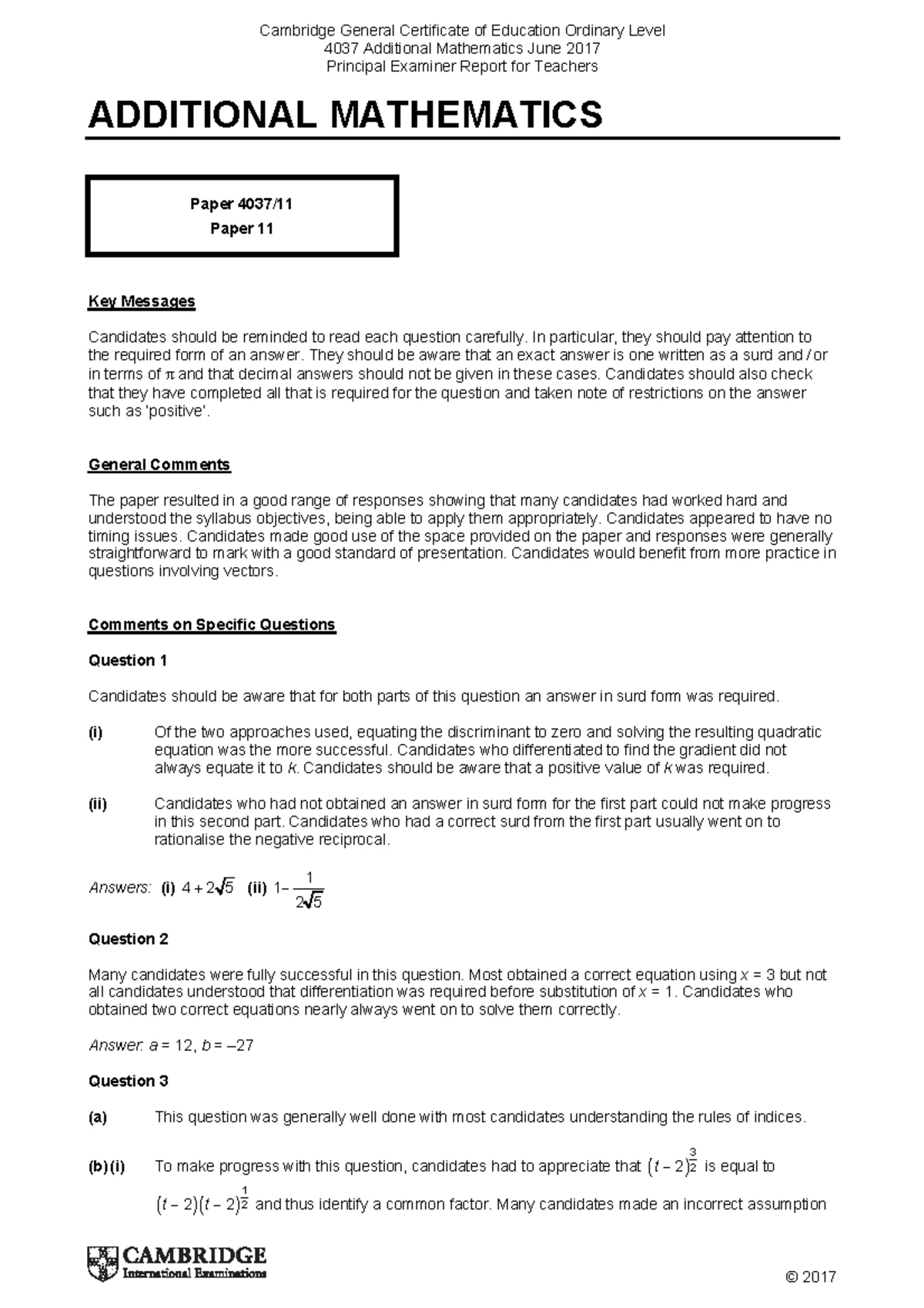 Cambridge O Level Additional Mathematics Paper 2 2017 Mark Scheme - Studocu