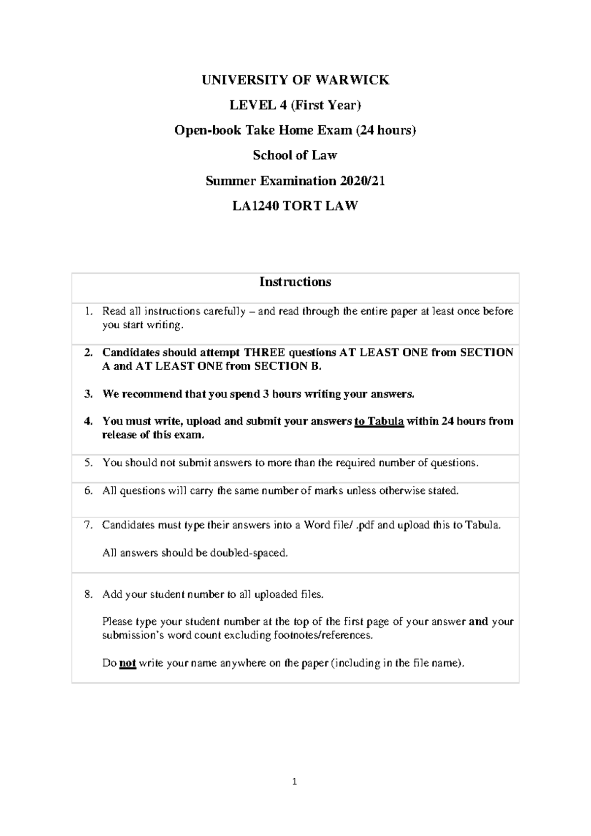 LA1240 Tort Law Summer Exam - Open Book Take Home Instructions - Studocu