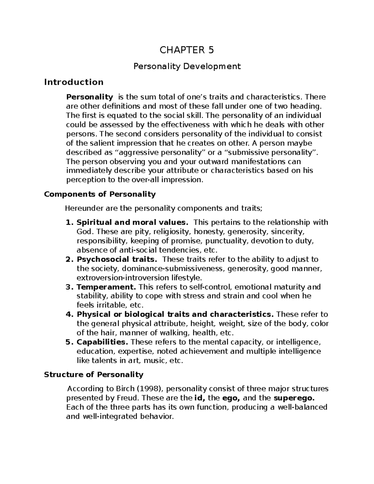 CHAPTER 5: Personality Development Overview and Theories - Studocu