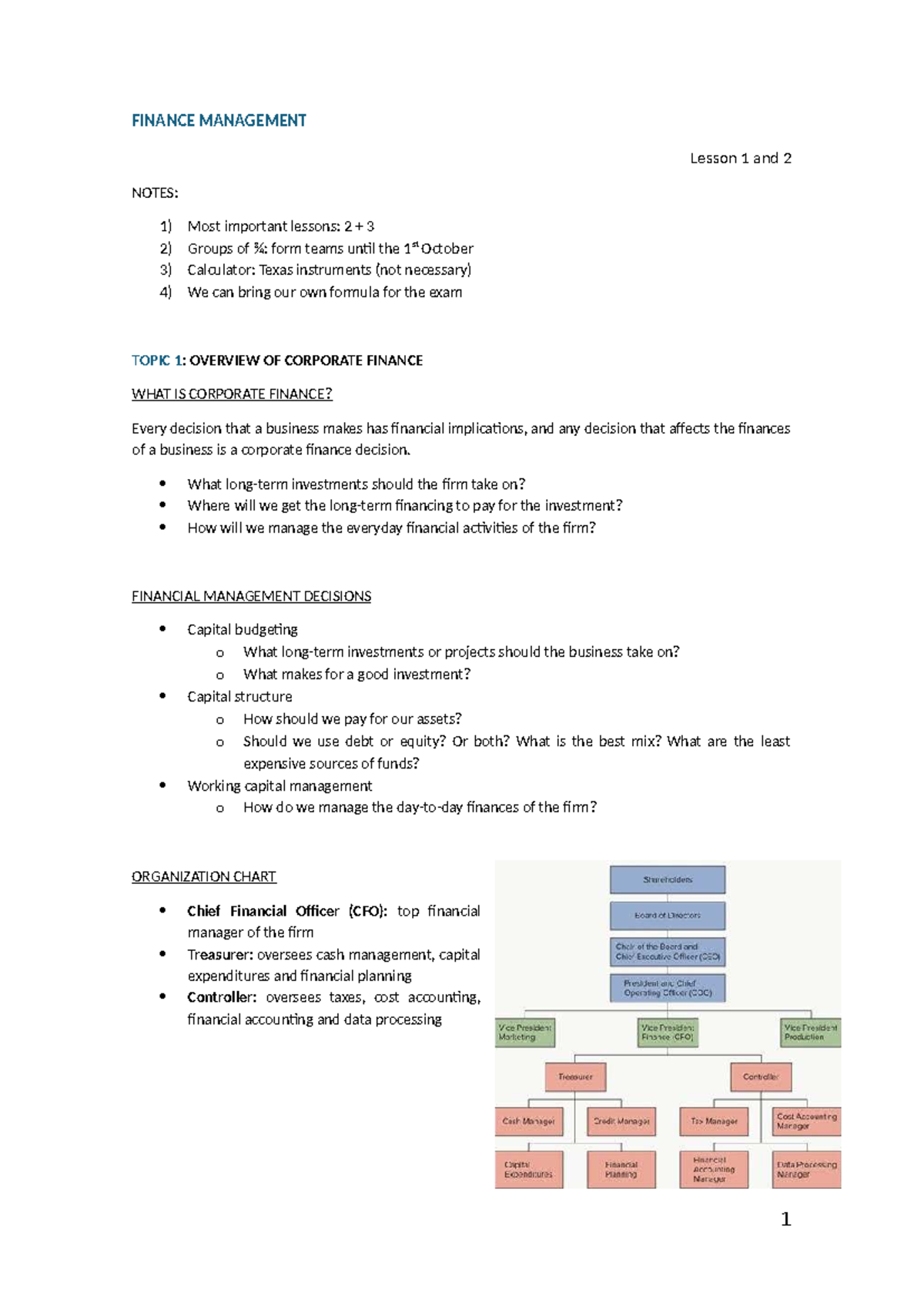FINANCE MANAGEMENT Lesson 1 & 2 Notes for 2024/2025 Erasmus - Studocu