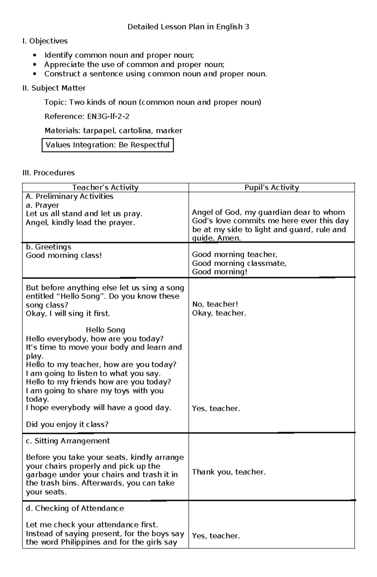 Detailed Lesson Plan in English 3 - Objectives Identify common noun and ...