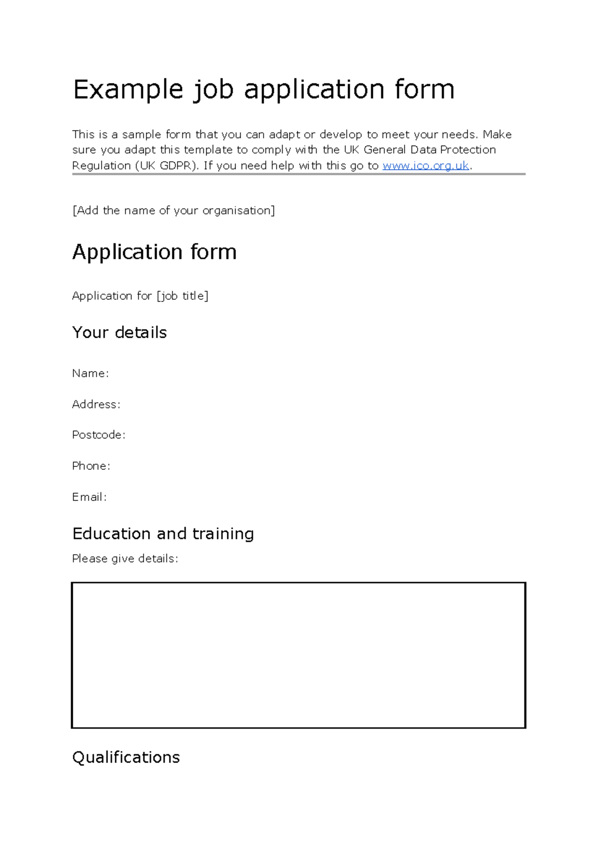 Job Application Form Template for UK GDPR Compliance - Studocu