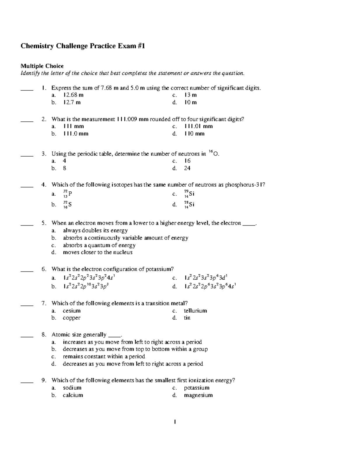 Chem 101 Challenge Practice Exam #1: Multiple Choice Questions - Studocu