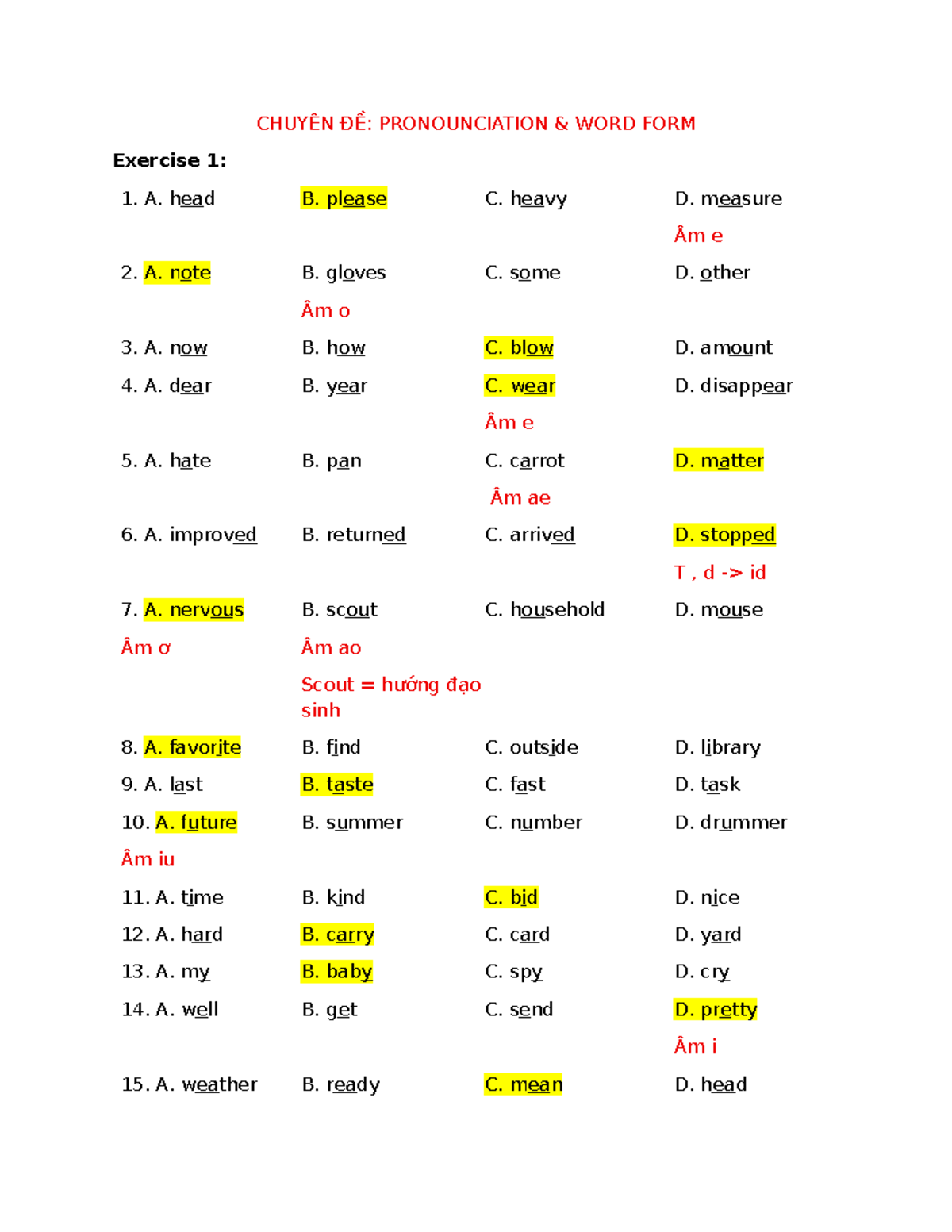 CHUYÊN ĐỀ: PRONUNCIATION & WORD FORM Exercises for Practice - Studocu