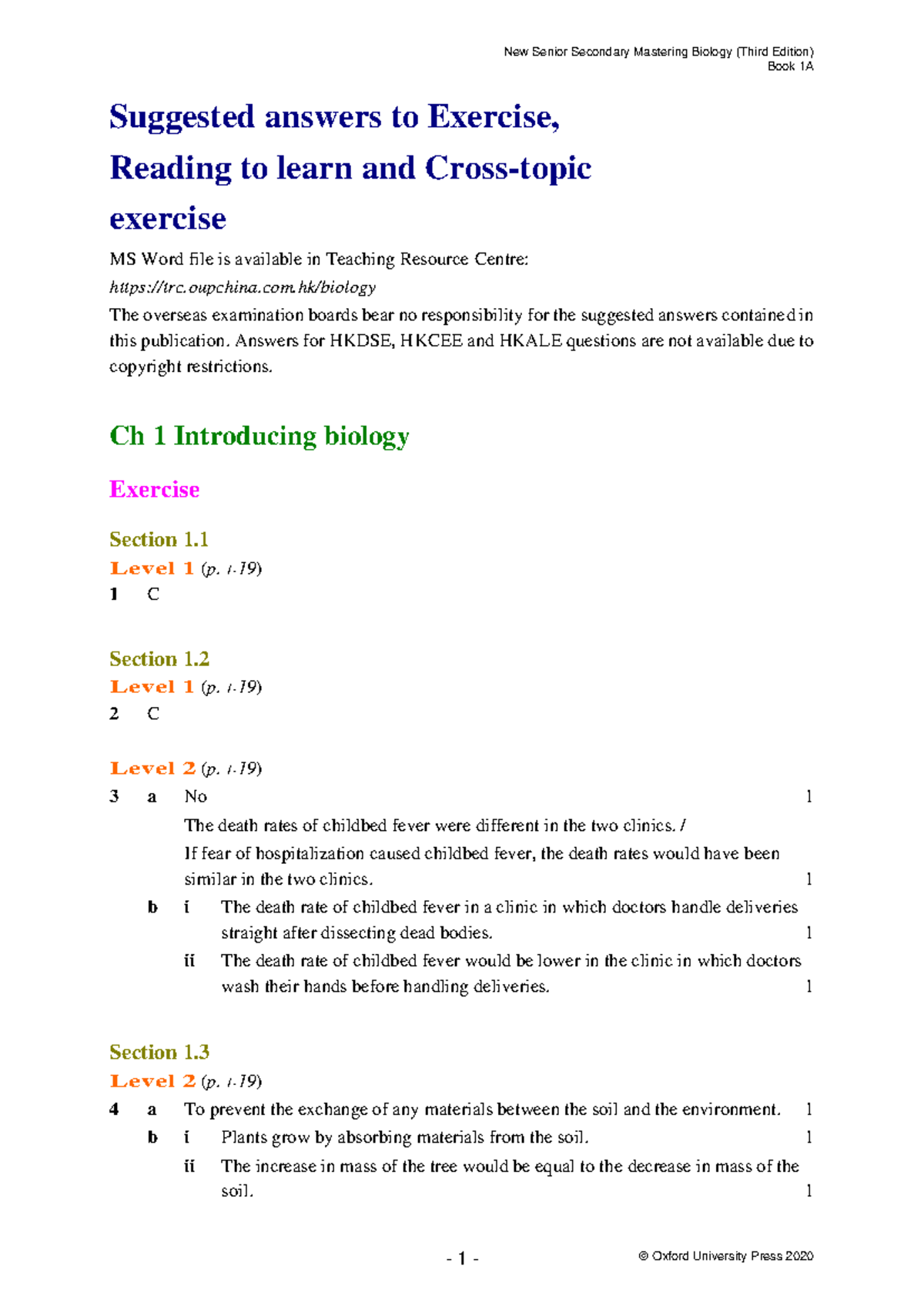 Bio 1A Suggested Answers to Chapter Exercises and Reading (3rd Ed ...