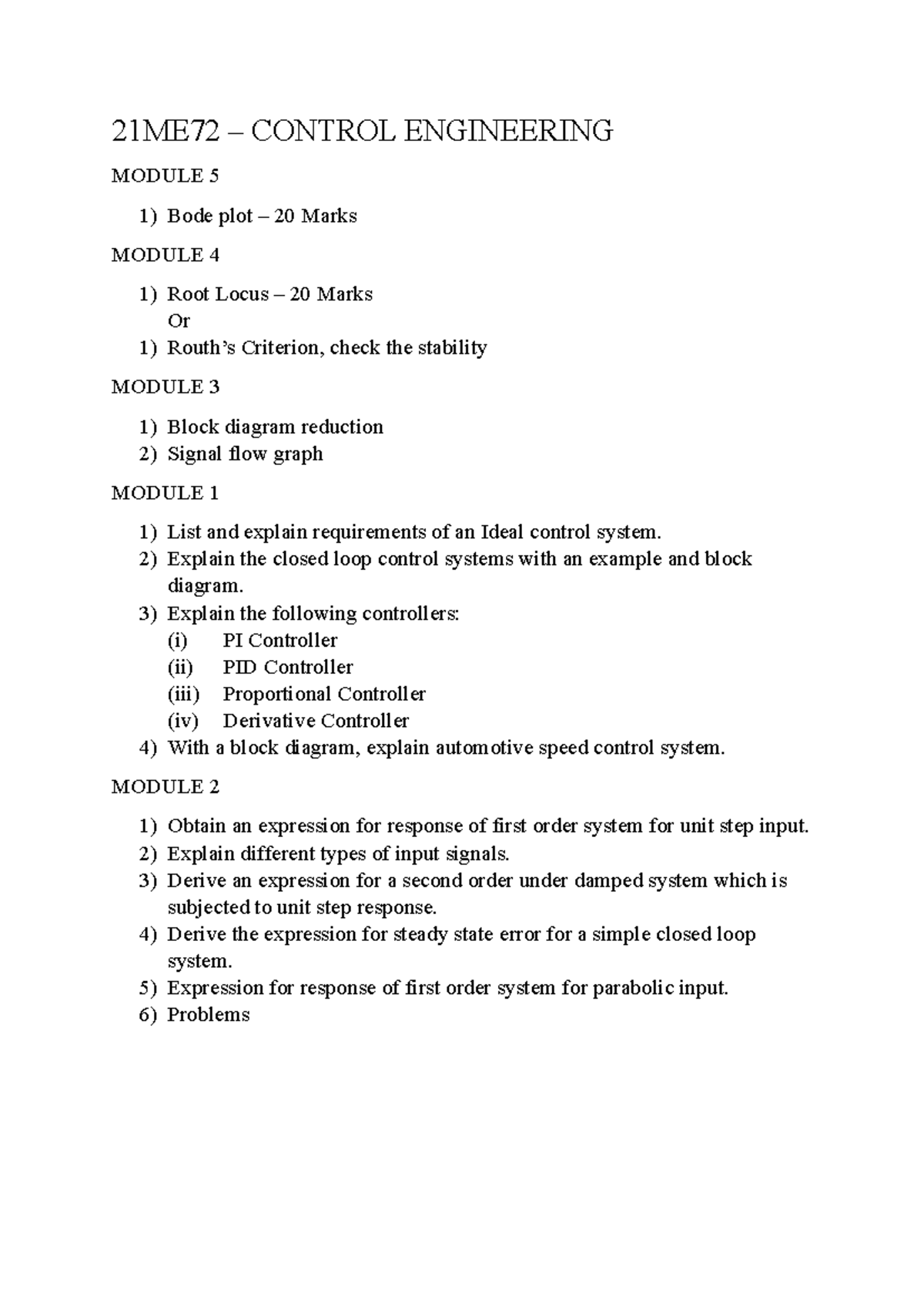 21ME72 - Control Engineering: Key Questions & Concepts Overview - Studocu